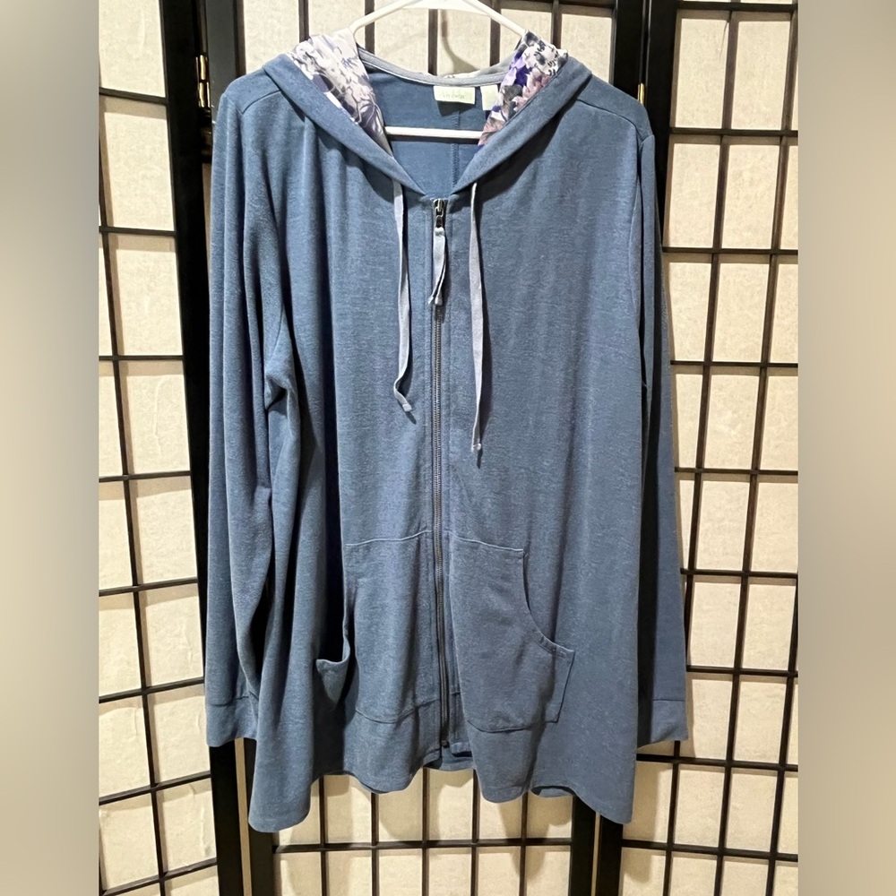 LOGO LOUNGE QVC Blue Zip-Up Hoodie with Floral-Lined Hood WOMEN SIZE XL